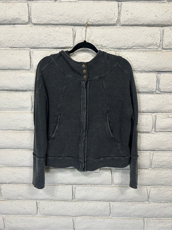 Hard Tail Tops - Hard Tail Women's Waffle Knit Hooded Zip Jacket Charcoal Gray Thermal Hoodie